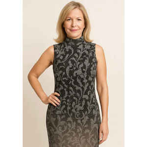 Womens New York & Co Black Gray Sleeveless Mock Neck Midi Dress Lg Ornate Floral